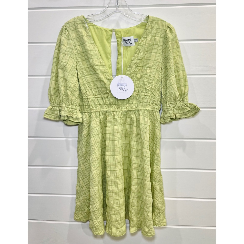 Princess‎ Polly Mini Dress Womens 8 Green Plaid Puff Sleeve Cottagecore Summer